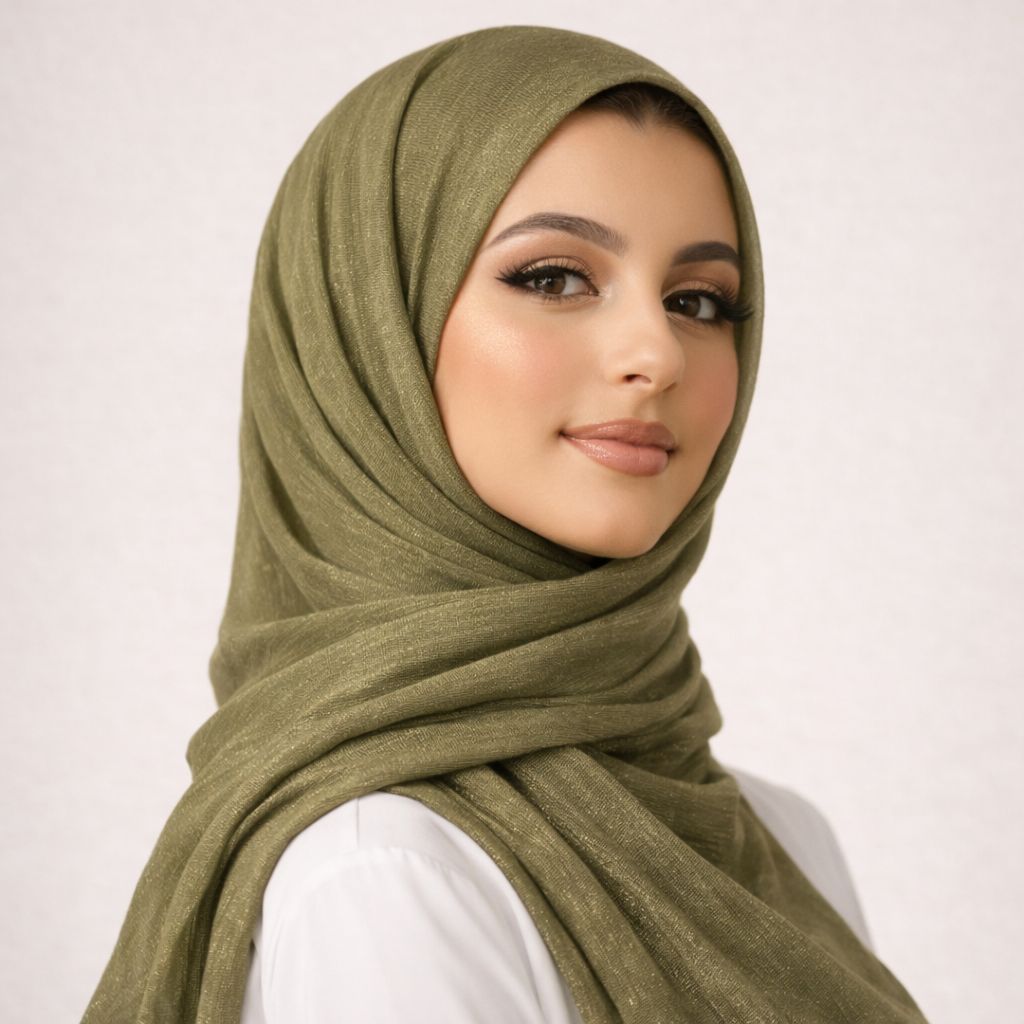 Luxe Shimmer Crinkle Chiffon Hijab - Dark Olive
