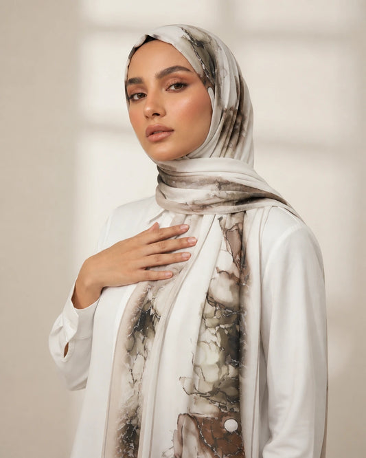 Printed Korean Chiffon Hijabs - Latte Stone