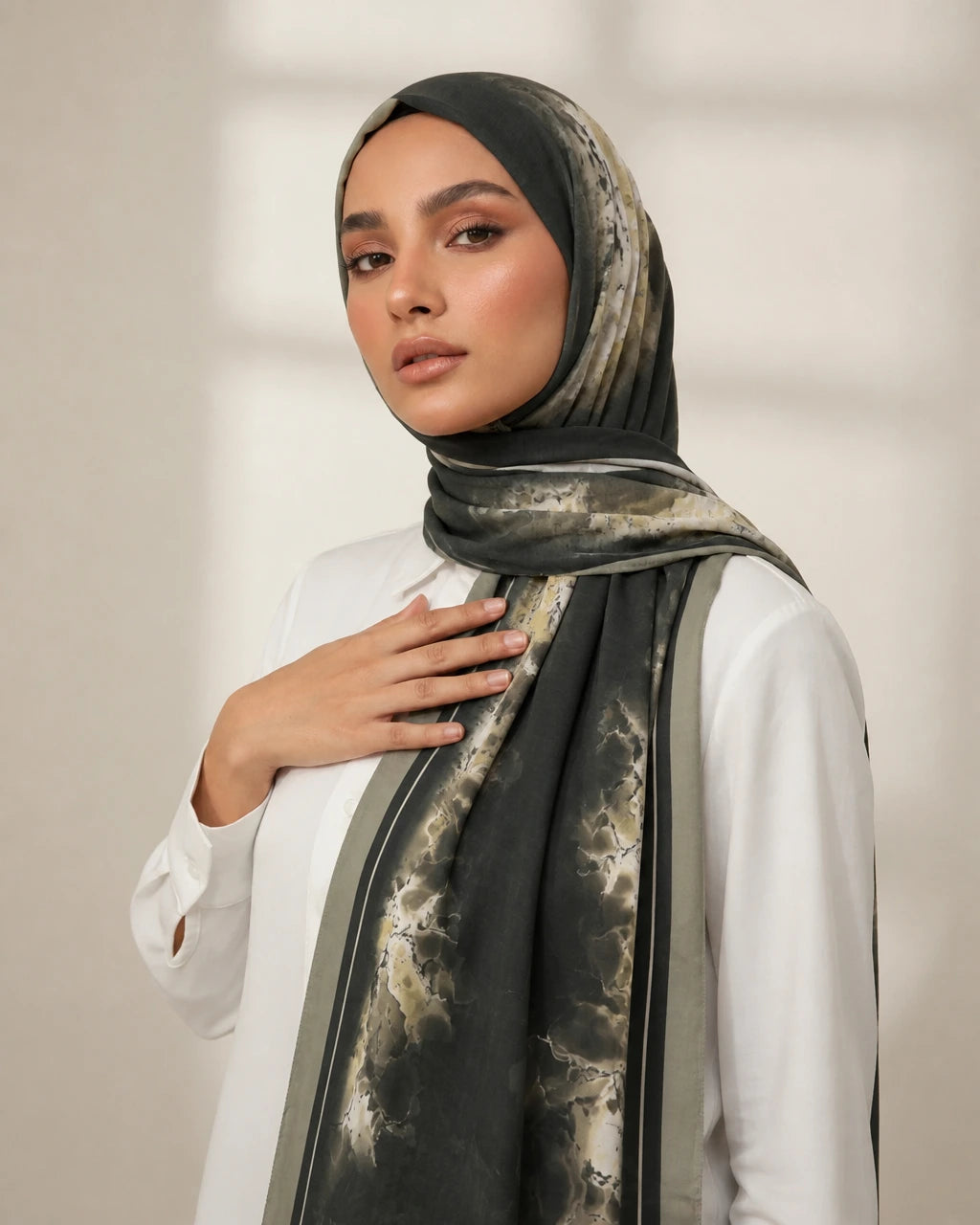 Printed Korean Chiffon Hijabs - Olive Storm