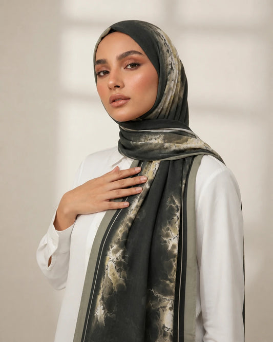 Printed Korean Chiffon Hijabs - Olive Storm